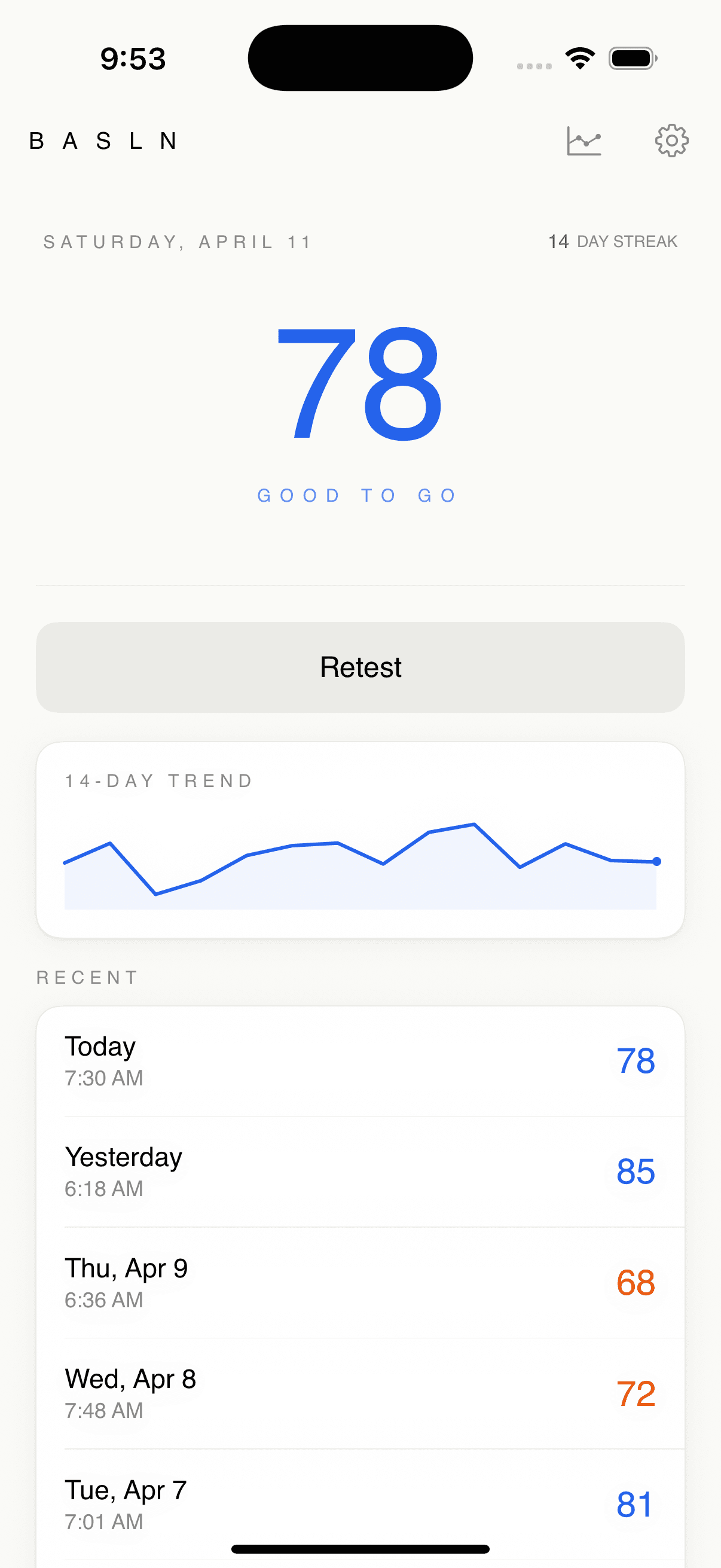 BASLN results screen showing today's cognitive readiness score of 78 with a 14-day trend and recent session history